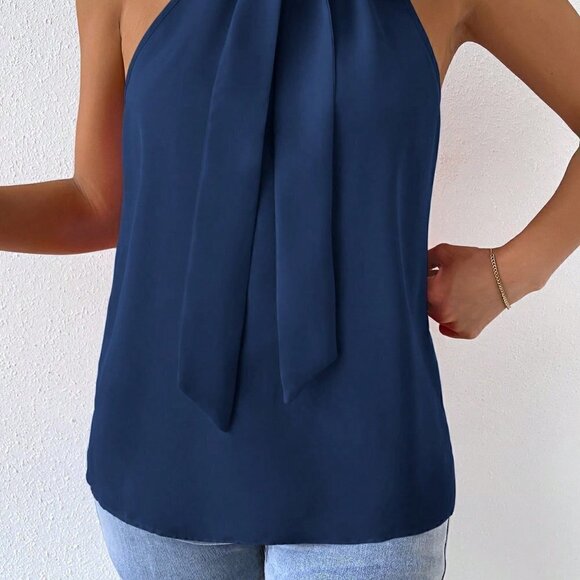 Navy Blue Preppy Womens Solid Tie Neck Halter Top - Picture 5 of 5